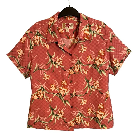 Hilo Hattie 100% Silk Button Up Shirt Size 10 Women's Pink Floral Hawaiian Beach - Picture 2 of 11